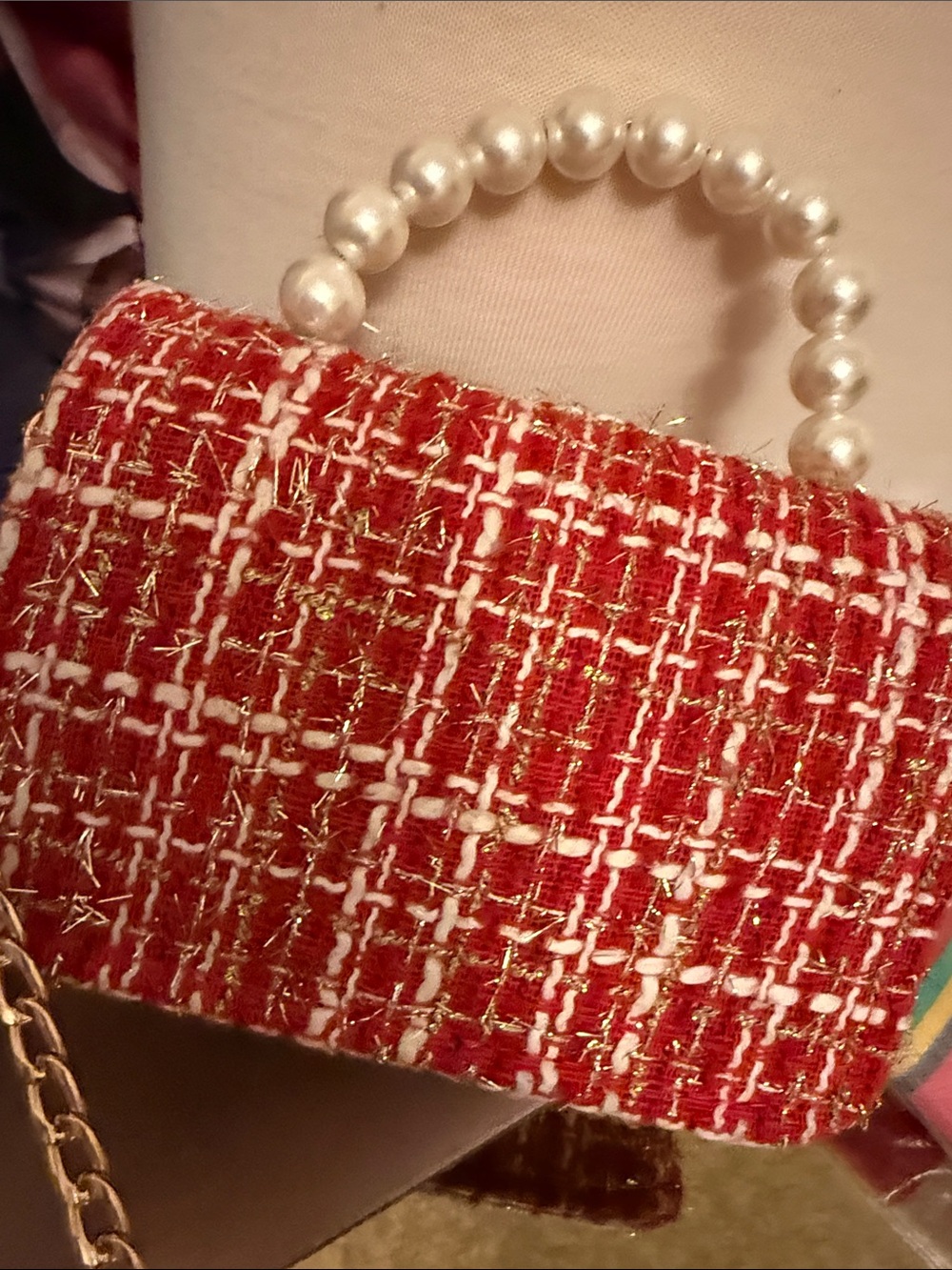 Tweed Mini Bag Red White Pearl Top Handle Gold Crossbody Chain - Picture 4 of 4